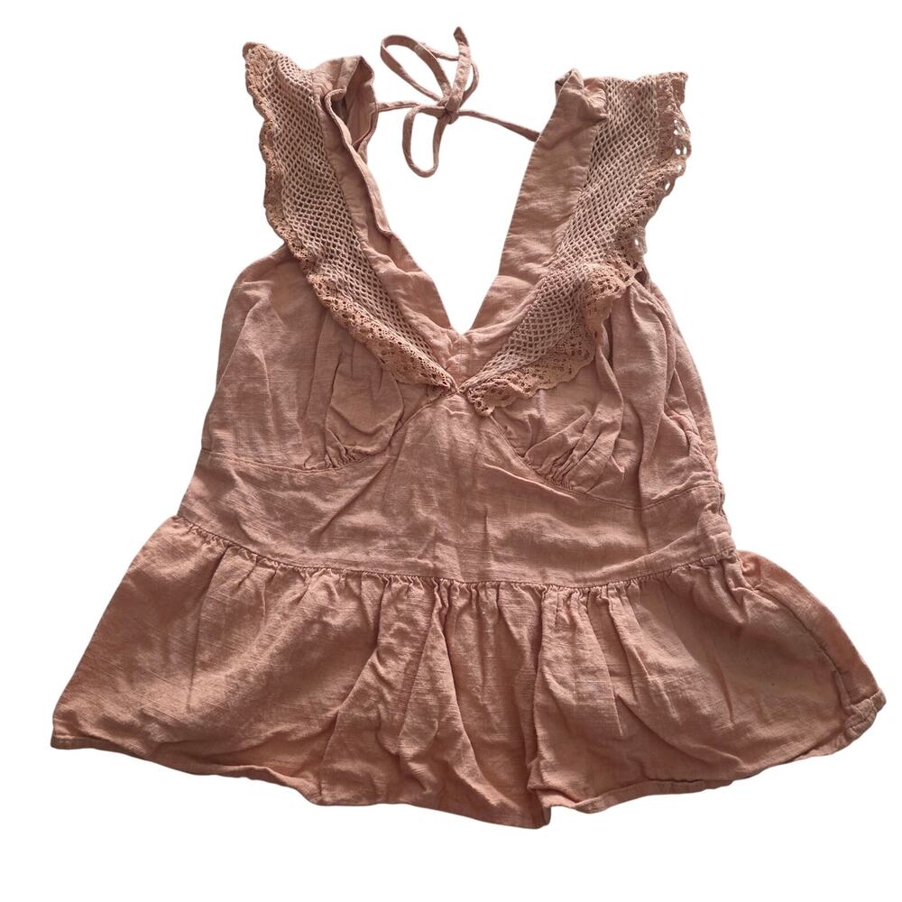 Old Navy Pink Plunge Neck Ruffle 100% Cotton Sleeveless Blouse Small Boho Basic